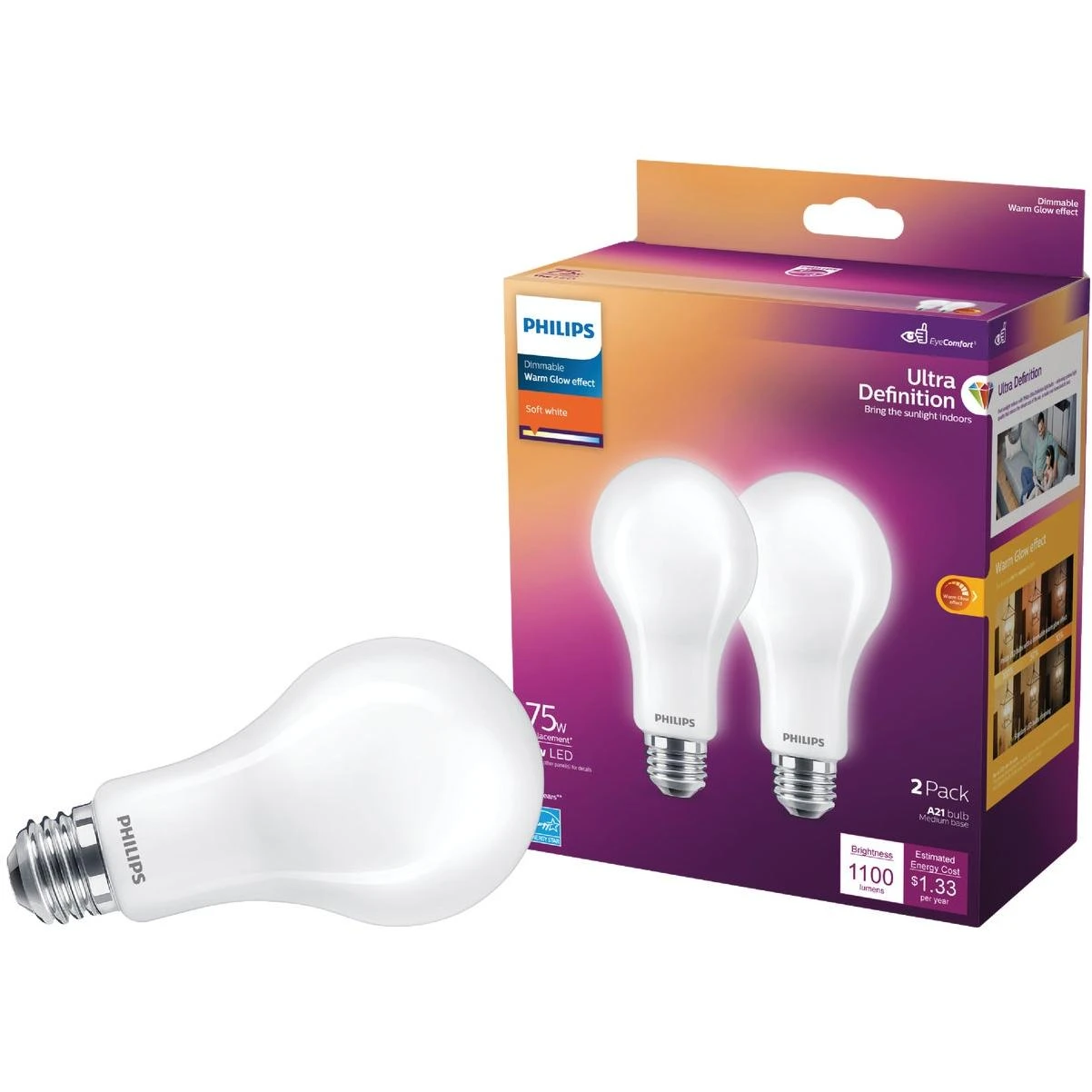 Philips Ultra Definition Warm Glow 75W Equivalent Soft White A19 Medium LED Light Bulb (2-Pack)