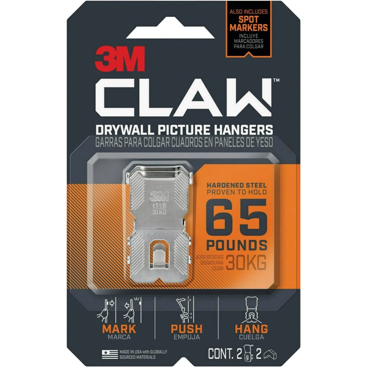 3M Claw Drywall Picture Hanger with Temporary Spot Marker, Holds 65 Lb., 2 Hangers, 2 Markers