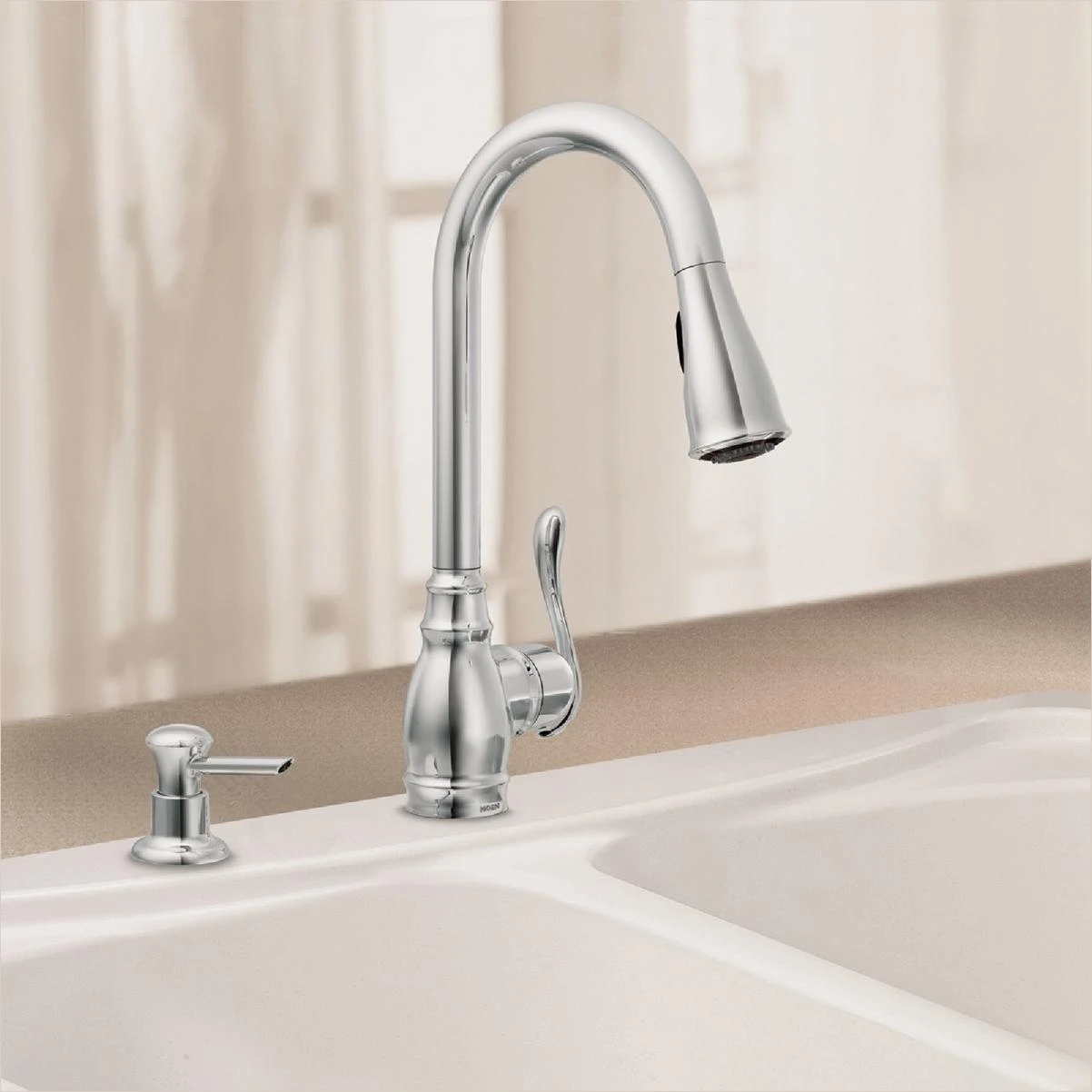 Moen Anabelle 1-Handle Lever Pull-Down Kitchen Faucet with Soap Dispenser, Chrome