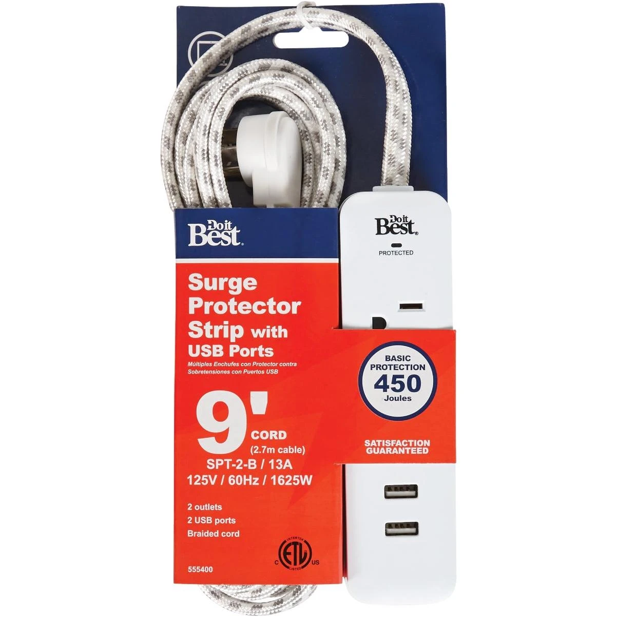 Do it Best 2-Outlet/2-USB 450J White Surge Protector with 9 Ft. Braided Cord & Right Angle Plug
