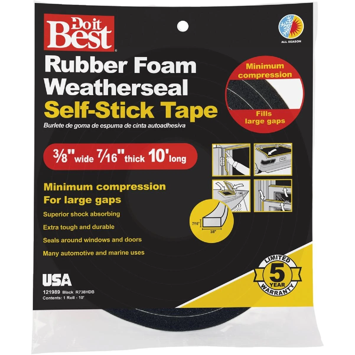 Do it Best 10 Ft. Self-Stick Foam Rubber Weatherstrip Tape