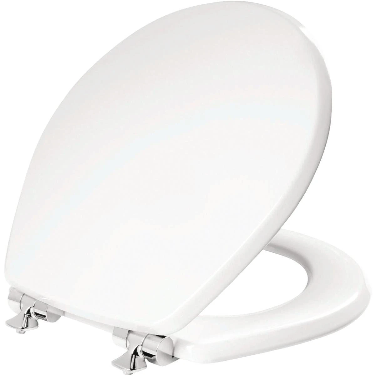 Bemis Mayfair Benton Round White Enameled Wood Toilet Seat with Slow Close Chrome Metal Hinge