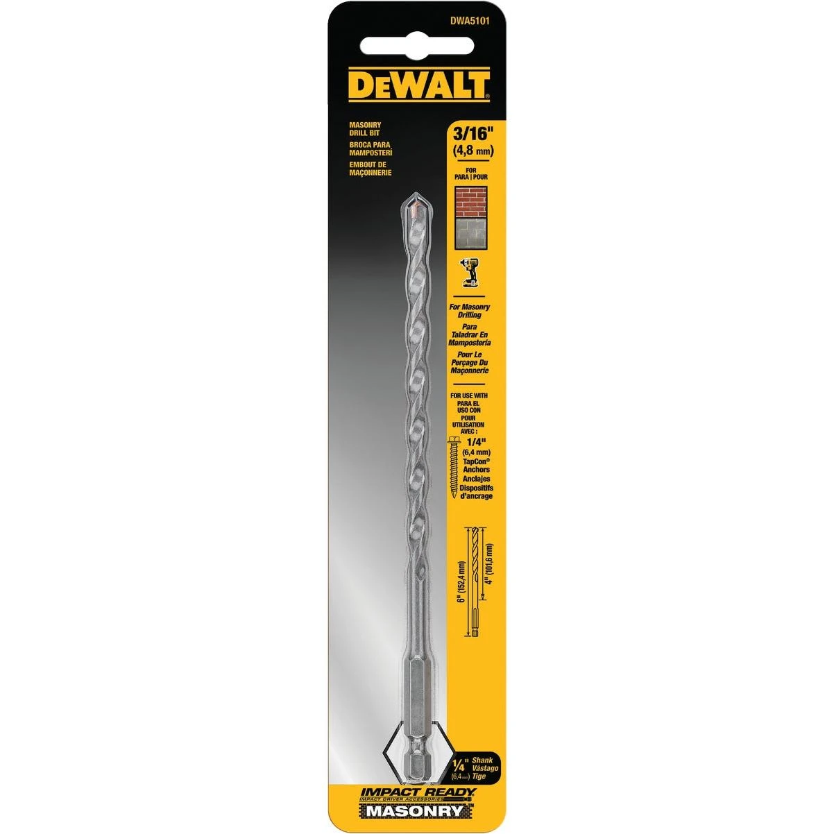 DEWALT 3/16 In. x 4 In. x 6 In. Impact Ready Masonry Drill Bit