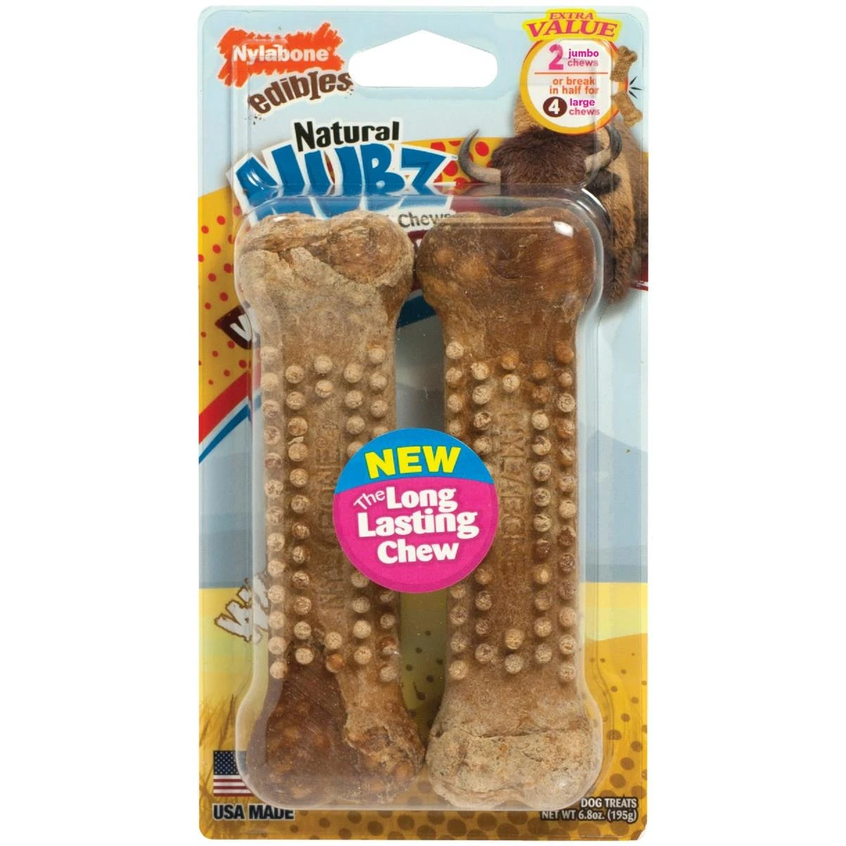 Nylabone Nubz Wild Natural Long Lasting Edible Bison Flavor XL Jumbo Dog Chews 2 Pack