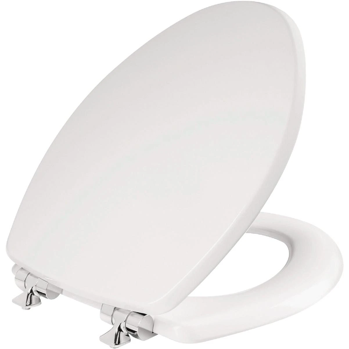 Bemis Mayfair Benton Elongated White Enameled Wood Toilet Seat with Slow Close Chrome Metal Hinge