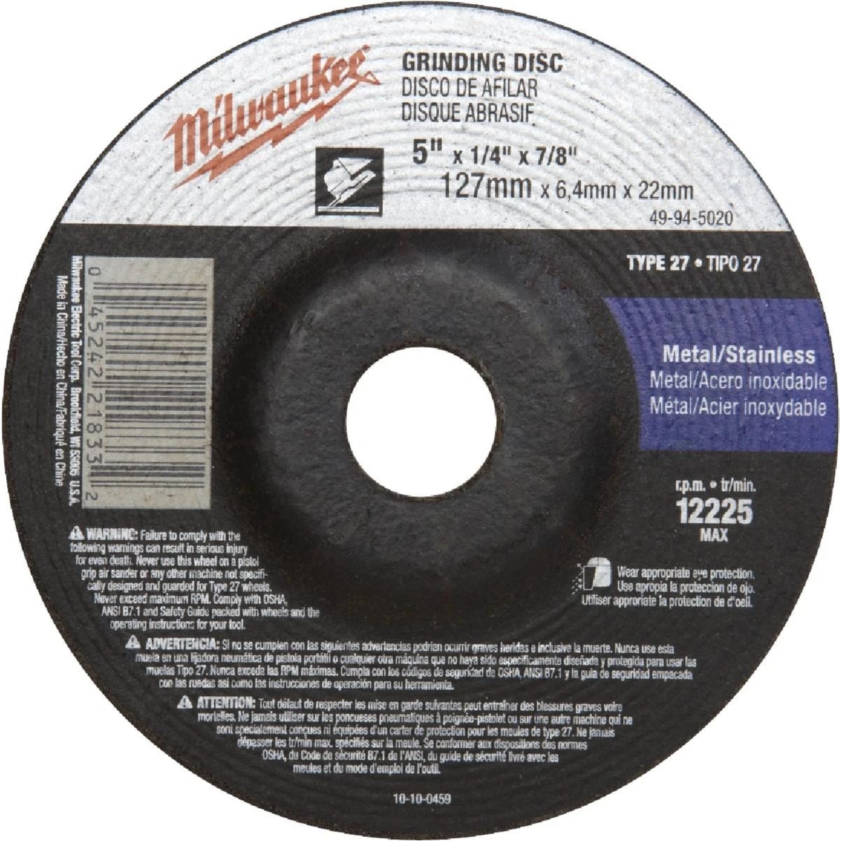 Milwaukee Type 27 5 In. x 1/4 In. x 7/8 In. Metal/Stainless Grinding Cut-Off Wheel