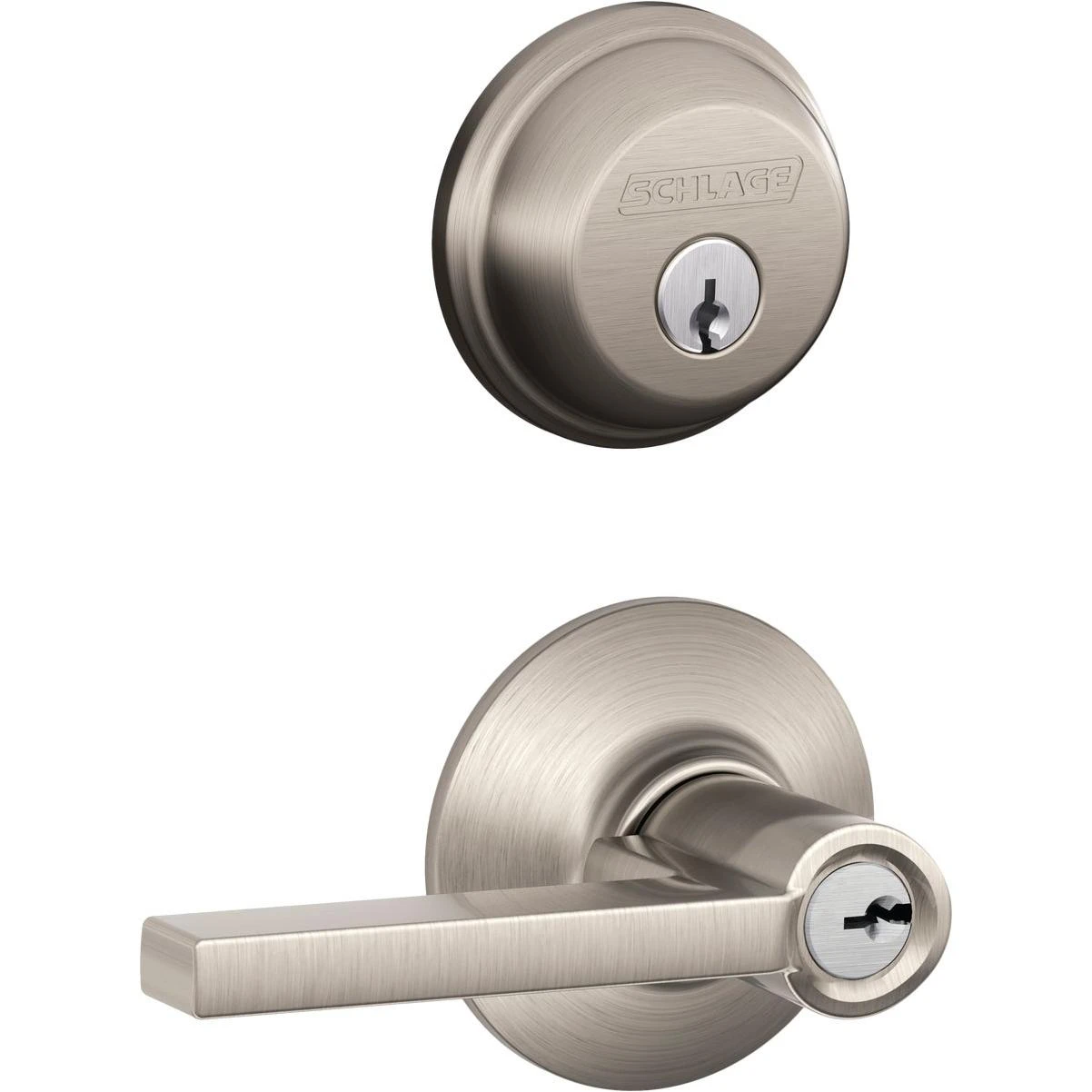Schlage Satin Nickel Single Cylinder Deadbolt & Keyed Entry Latitude Lever Combination Pack