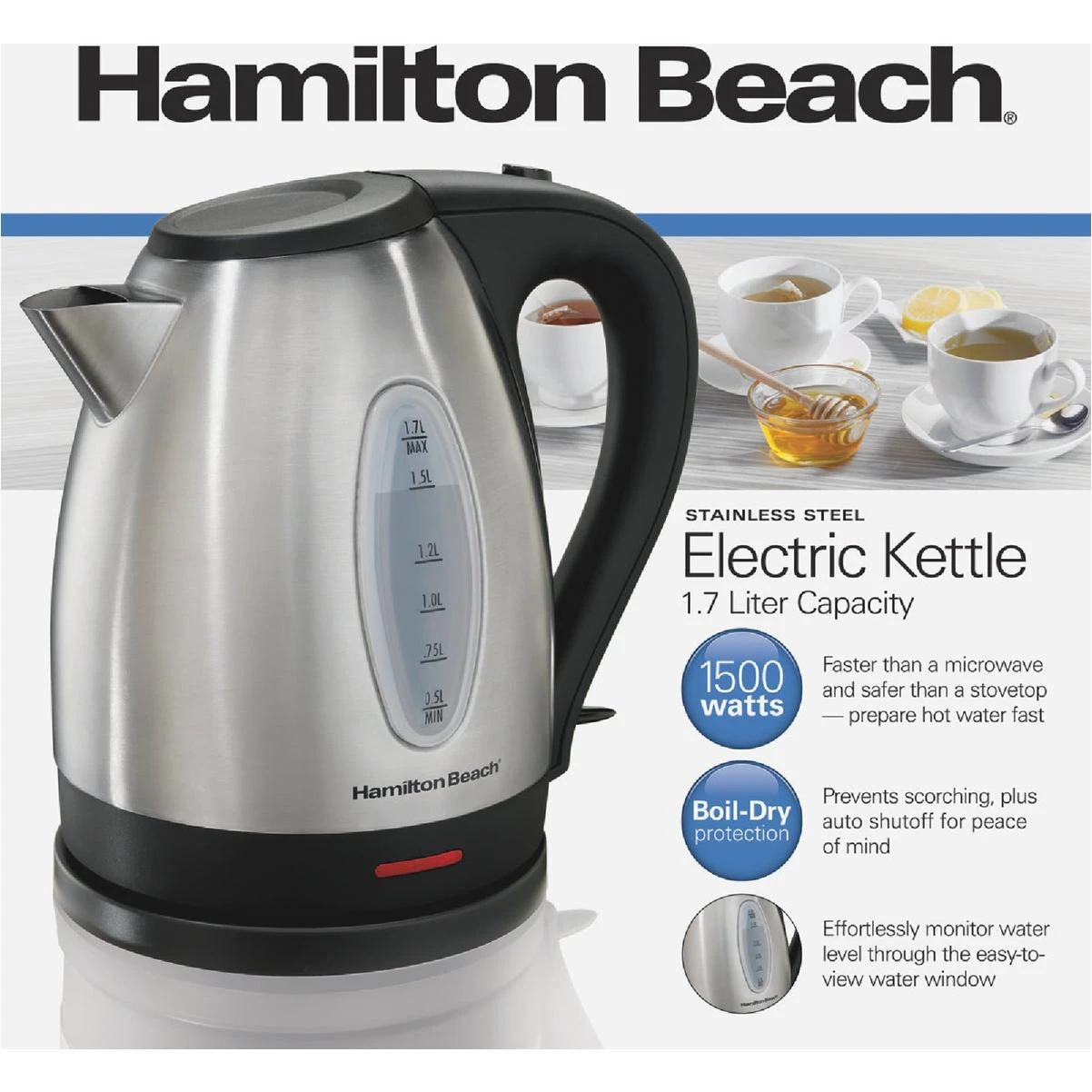 Hamilton Beach 1.7L Stainless Steel Electric Kettle with LED Light Ring