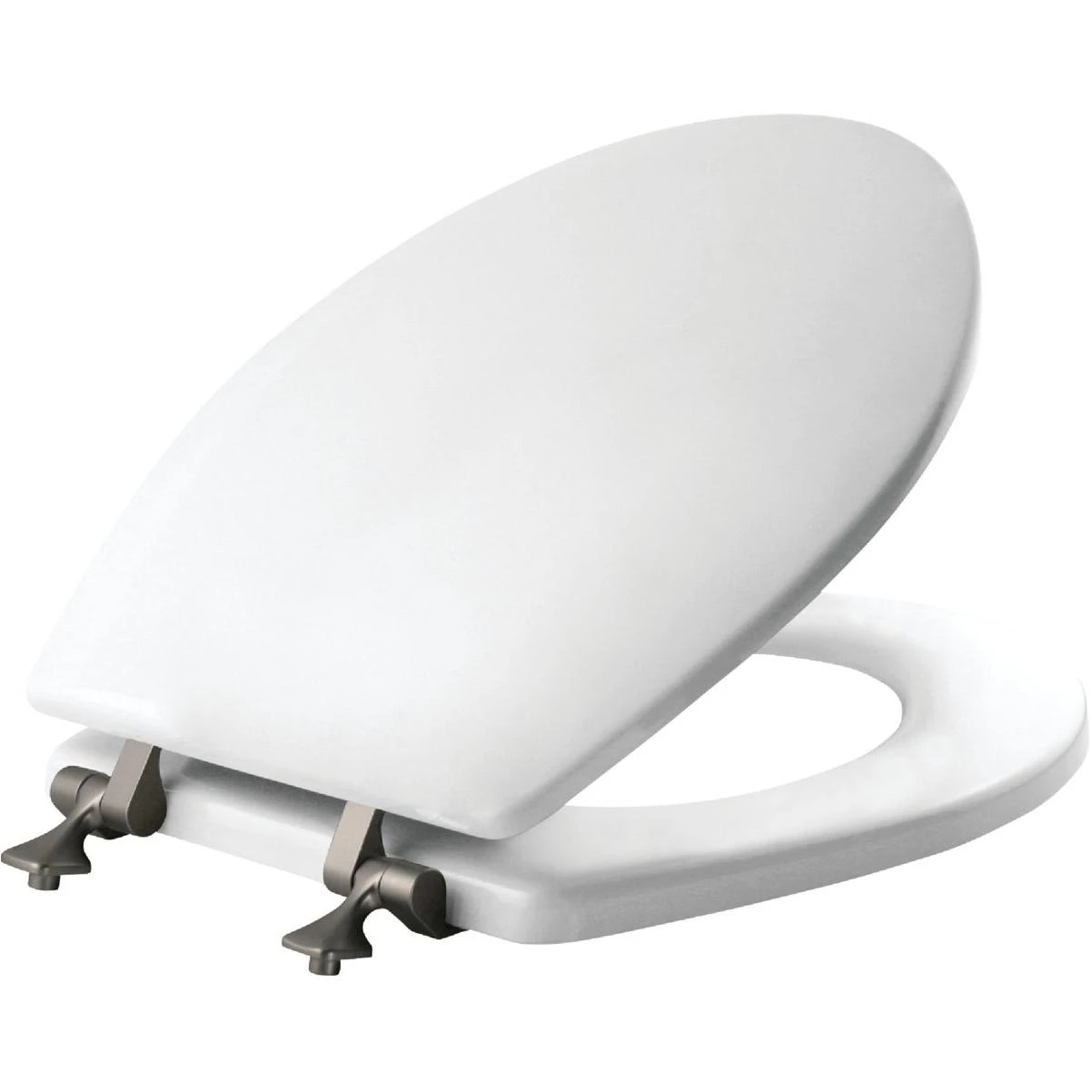 Bemis Mayfair Round Closed Front White Wood Toilet Seat with Brushed Nickel Hinges