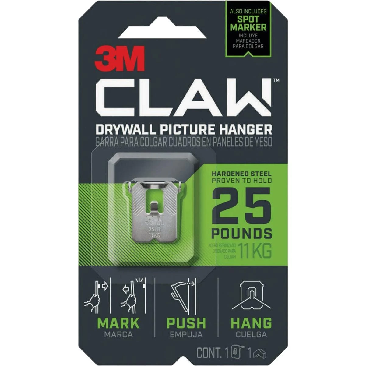 3M Claw 25 Lb. Drywall Picture Hanger with Temporary Spot Marker, 1 Hanger, 1 Marker