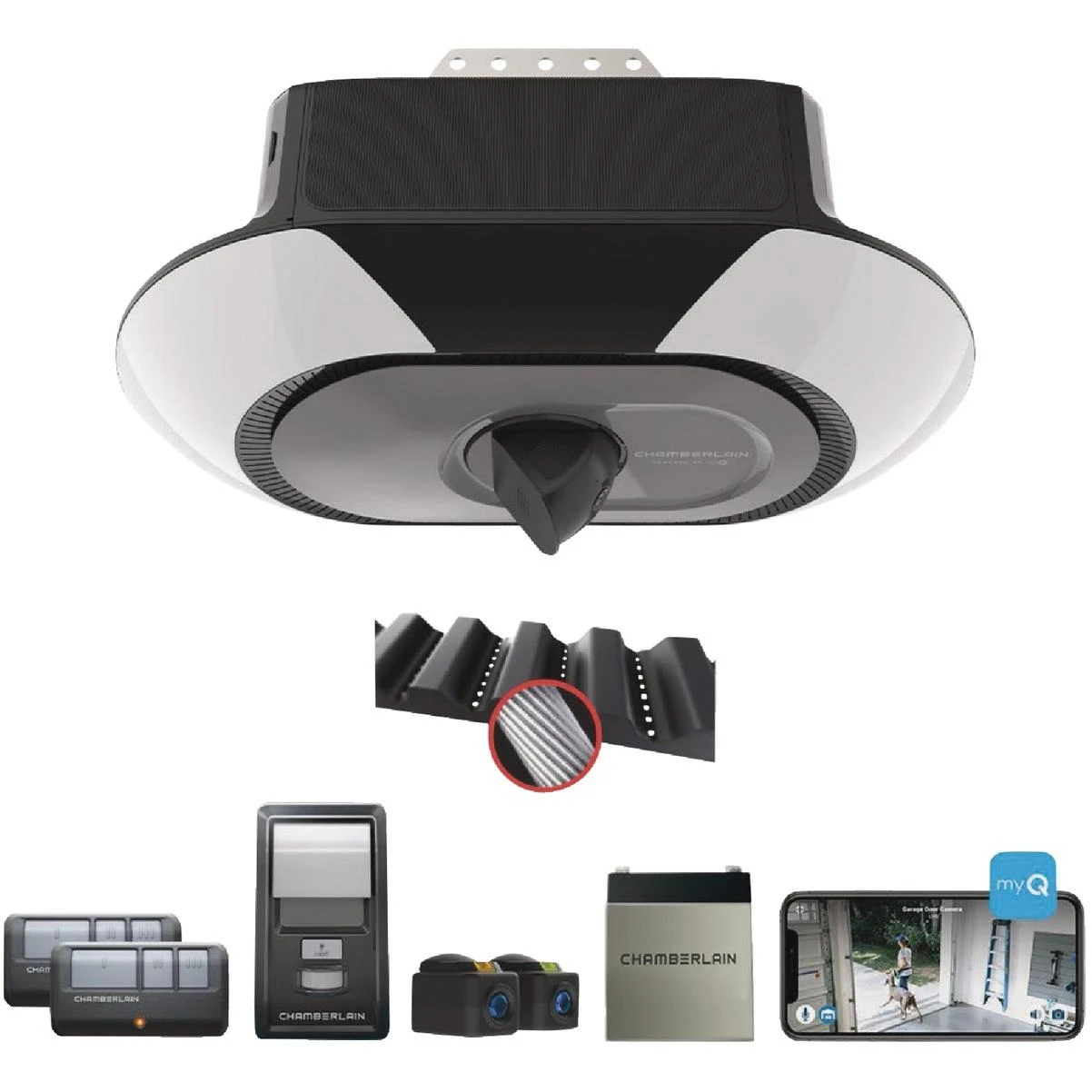 Chamberlain B6753T 1-1/4 HP myQ Secure View Smart Belt Drive Garage Door Opener with WiFi, LED Lights, Battery Backup and Camera