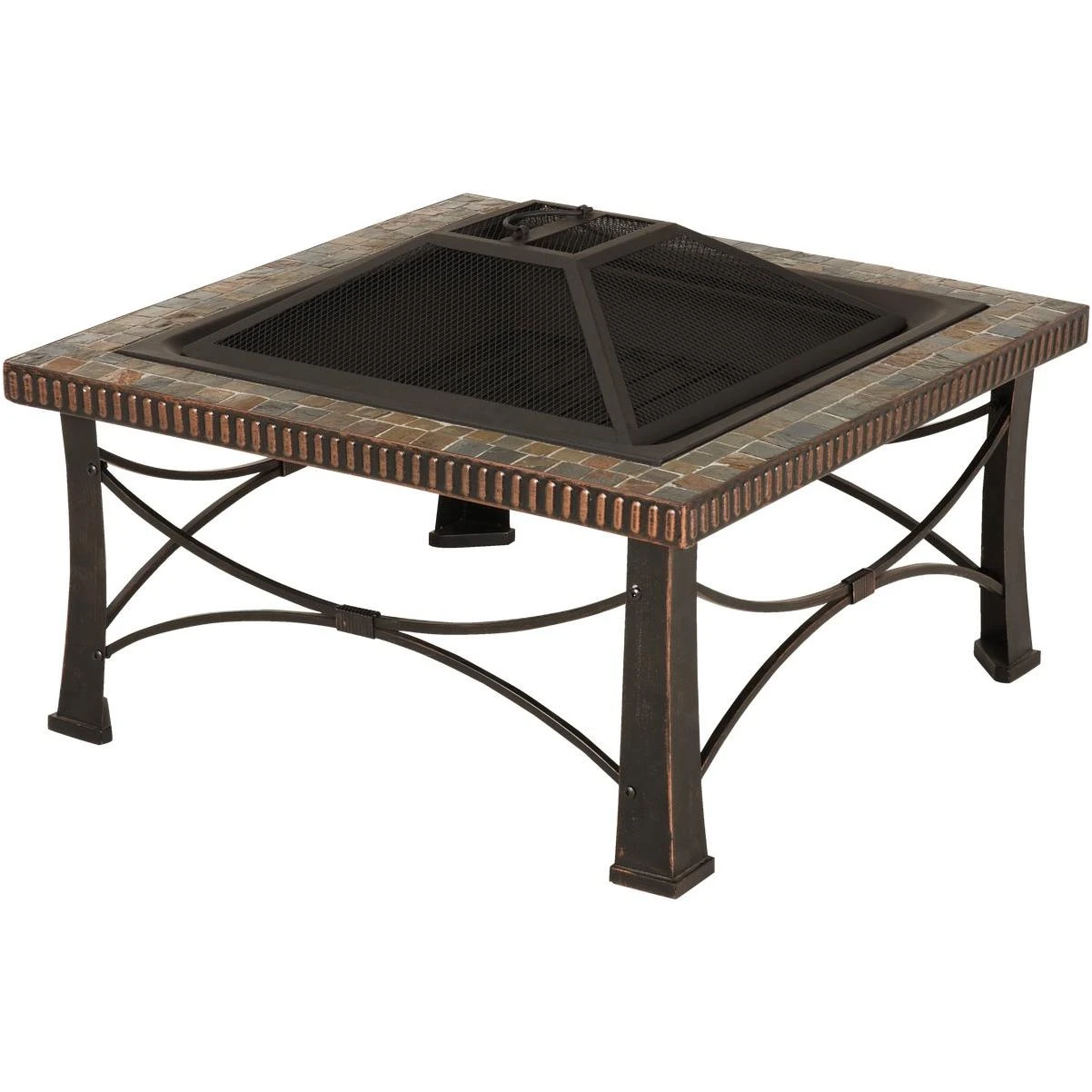 30 In. Square Slate Steel Fire Pit With Mesh Cover And Poker