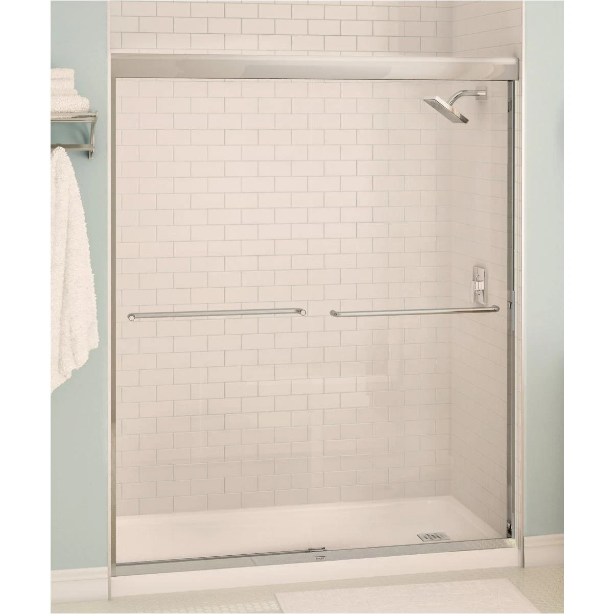 Maax Aura 59.5 In. W. X 71 In. H. Brushed Nickel Frameless Clear Glass Sliding Alcove Shower Door