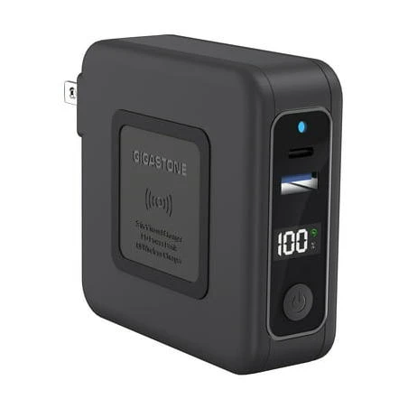 Gigastone Qi Wireless 3in1 Charging Power Bank with AC Adapter for smartphone  iPhone  Android  Tablet and many more  Type-C PD3.0 20W  USB-A QC3.0 18W fast charge  10000mAh