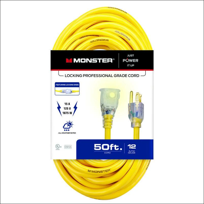 Monster Just Power It Up Outdoor 50 ft. L Yellow Extension Cord 12/3 SJTW