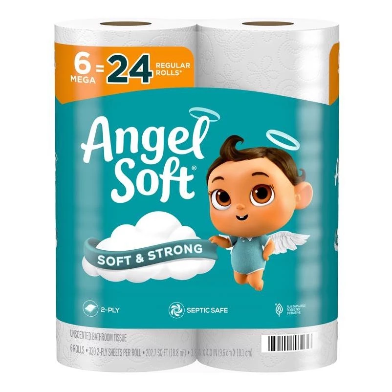 Angel Soft 2-Ply Toilet Paper — 6-Roll Pack, 320 Sheets per Roll, White Bath Tissue