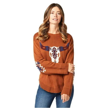 Wrangler Womens 112322103 Wrangle Curved Hem Steer Head Sweater XL Brown