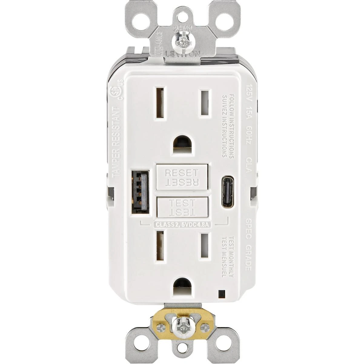 Leviton SmartlockPro White 2-Port USB Charging Outlet with 5-15R Self-Test GFCI In-Wall Charger Duplex Outlet