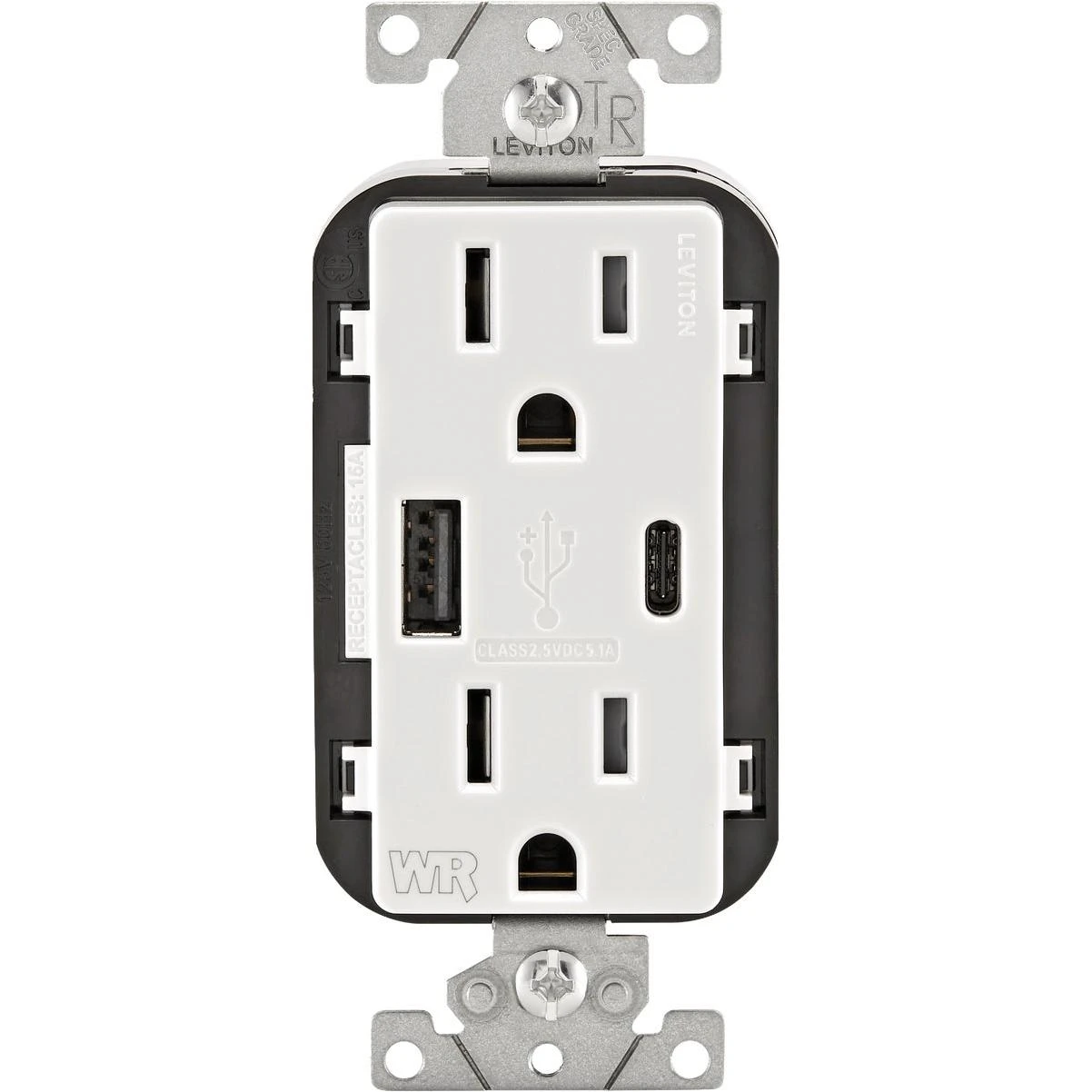 Leviton 15A White 2-Port USB Charging Outlet with 5-15R Weather-Resistant Duplex Outlet