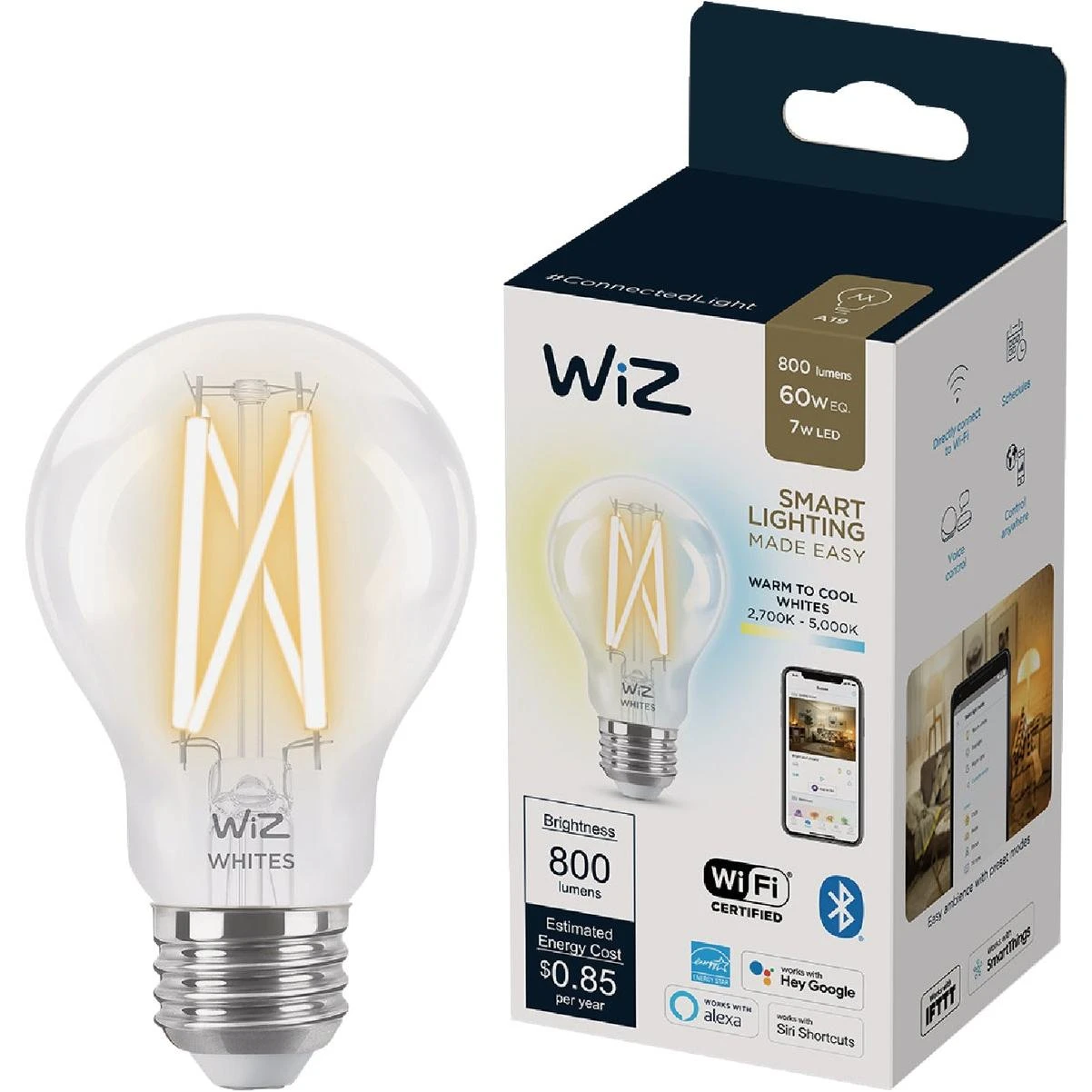 Wiz 60W Equivalent A19 Medium Smart Filament LED Light Bulb
