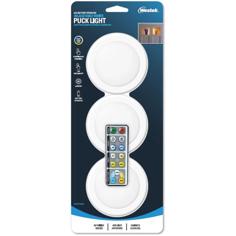 Westek White Battery Powered LED Puck Light 3 pk
