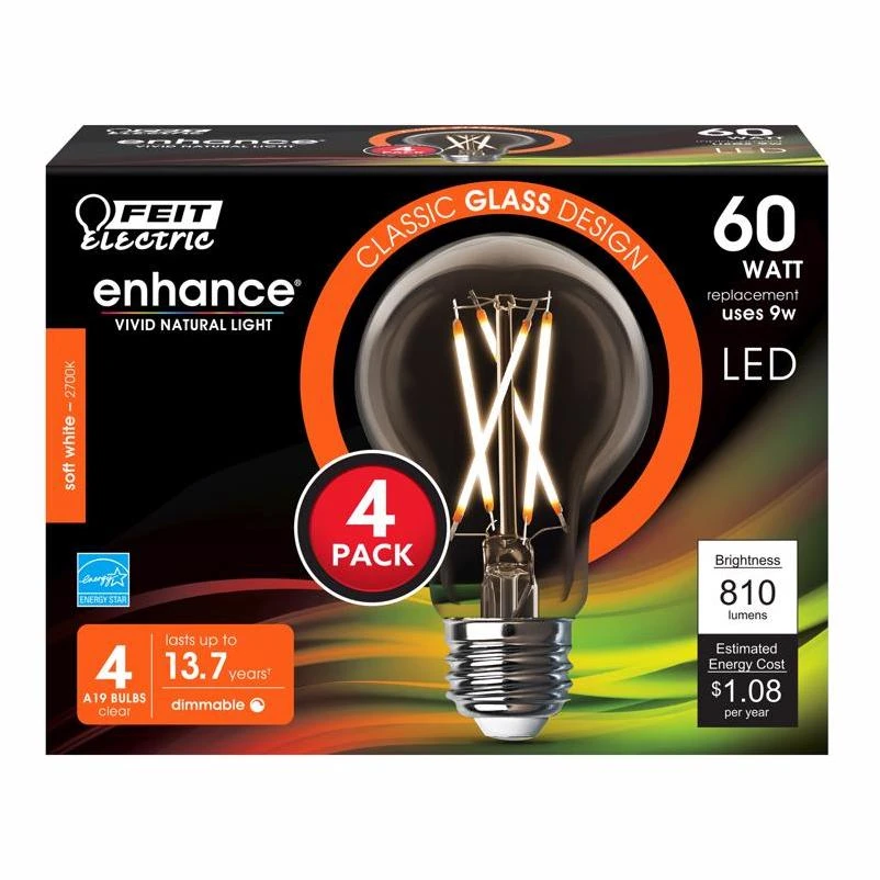 Feit Enhance A19 E26 (Medium) Filament LED Bulb Soft White 60 Watt Equivalence 4 pk