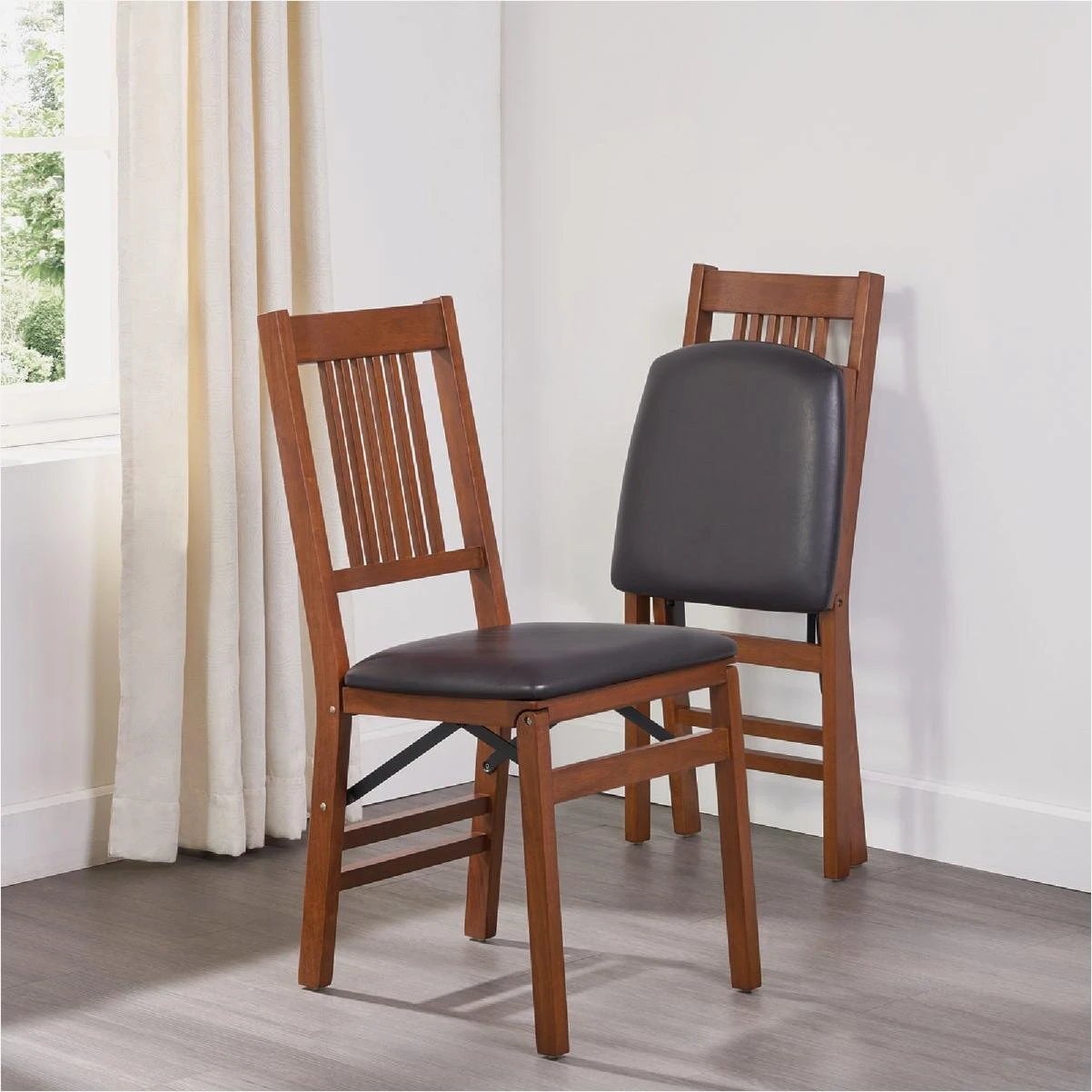 Stakmore True Mission Fruitwood Frame Black Vinyl Folding Chair (2-Pack)