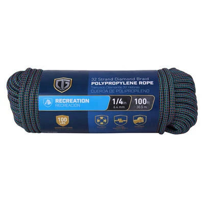 Polypropylene Diamond Braid Rope, 32 Strand, One Quarter Inch by One Hundred Feet