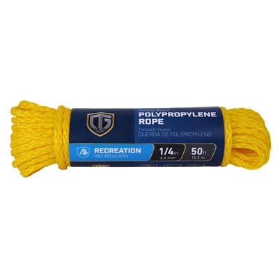 Yellow Hollow Core Polypropylene Rope, 1/4 Inch Diameter by 50 Feet Length