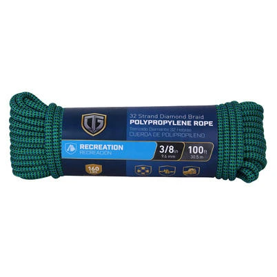Polypropylene Diamond Braid Rope, 32 Strand, Three Eighths Inch by One Hundred Feet
