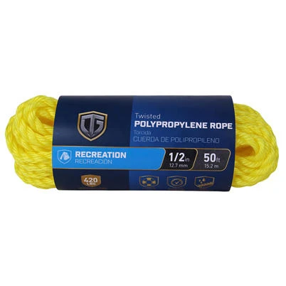 Yellow Twisted Polypropylene Rope 1/2 Inch Diameter by 50 Feet Length