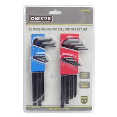 22-Piece Ball End Hex and Allen Key Set with SAE and Metric Sizes