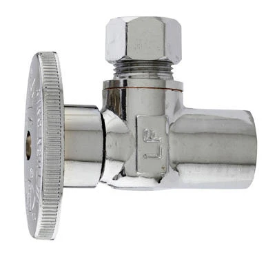 Angle Supply Stop Valve, One Quarter Turn, Chrome Finish, One Half Inch Copper Sweat by Three Eighth Inch Outside Diameter Compression