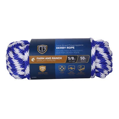 Blue Smooth Braided Polypropylene Derby Rope, 5/8 Inch Diameter by 50 Feet Length