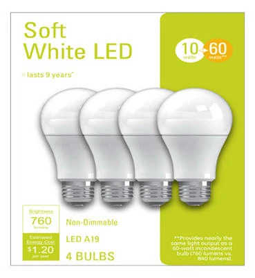 LED Light Bulbs, A19, Soft White, 760 Lumens, 10 Watt, 4-Pk.