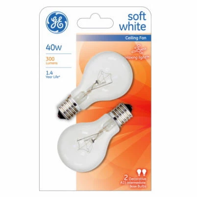 Ceiling Fan Bulbs, White, Intermediate Base, 40 Watt, 2-Pk.