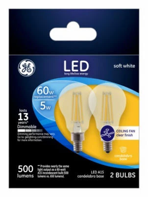 Ceiling Fan LED Light Bulbs, Candelabra Base, Soft White, Clear, Dimmable, 500 Lumens, 5.5 Watt, 2-Pk.