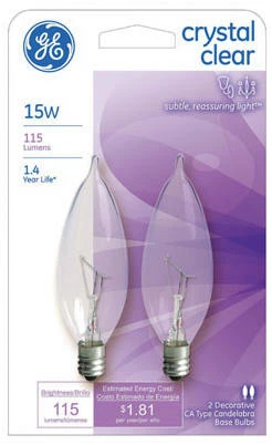 Clear Bent-Tip Light Bulbs, 15 Watt, 2-Pk.