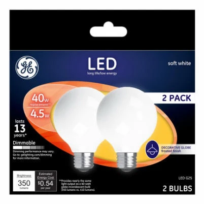 LED Decorative Globe Light Bulbs, Soft White, Frosted, 350 Lumens, 4.5 Watt, 2-Pk.