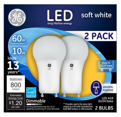 LED Light Bulb, Soft White, A19, GU24 base, 10 Watt, 2-Pk.