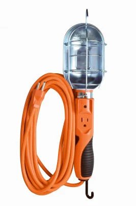 Trouble Work Light With Metal Guard & Outlet, 75-watts, 25 Ft. Orange