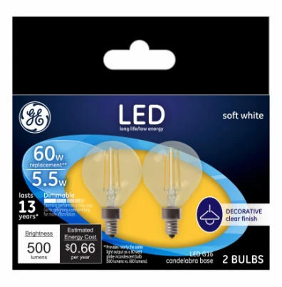 LED Globe Light Bulbs, Soft White, Clear, Candelabra Base, 2700 Lumens, 5.5 Watt, 2-Pk.