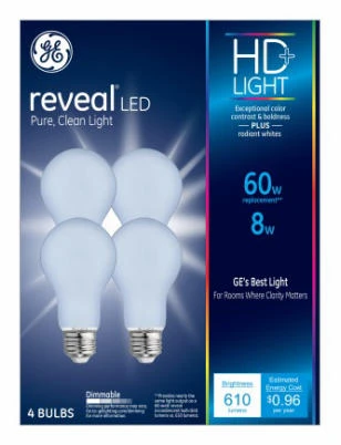 GE 4PK 8W WHT A19 BULB