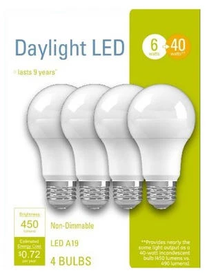LED Light Bulbs, A19, Daylight, 450 Lumens, 6 Watt, 4-Pk.
