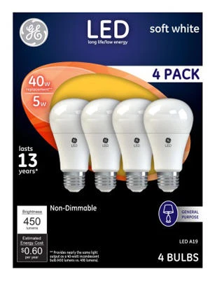 LED Light Bulbs, Soft White, 450 Lumens, 5 Watt, 4-Pk.