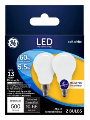 Ceiling Fan LED Light Bulbs, Candelabra Base, Soft White, Frosted, Dimmable, 500 Lumens, 5.5 Watt, 2-Pk.