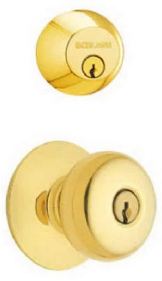 Bright Brass Double Cylinder Deadbolt & Plymouth Knob Combo Pack