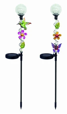 Solar White Light Emitting Diode Mosaic Sphere with Chasing Metal Stake Featuring Hummingbird and Butterfly Design