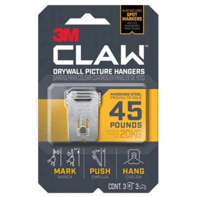 CLAW Drywall Picture Hanger Set, 3 Hangers + 3 Markers, Holds 45-Lbs.
