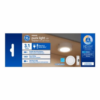 LED Puck Light, White Plastic, Plug In, 3.1 In., 4 Watt, 3-Pk.
